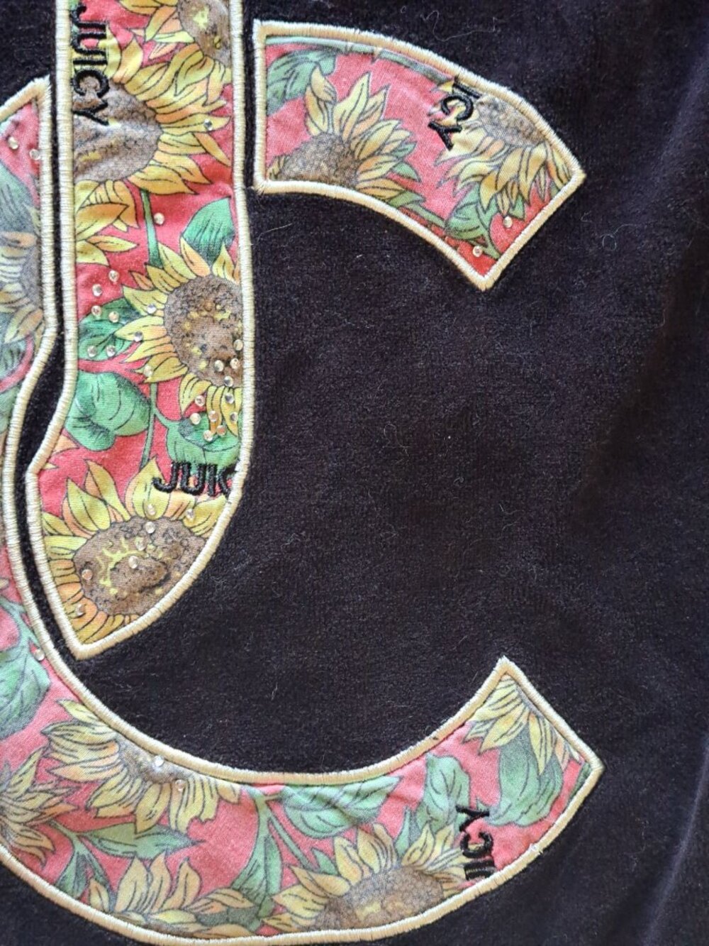 Y2K Juicy Couture Black Velour Hoodie Sunflower Embroidered Logo Womens Size XS - Picture 3 of 13